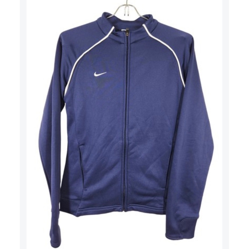 Nike Track Jacket Women Small Navy Blue Full Zip Piping Mock Neck Preloved